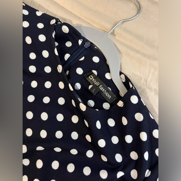 Classic Short Sleeve Navy Blue Polka Dot Falbala Fold Slim Fit Pencil Dress Lg - Picture 6 of 7